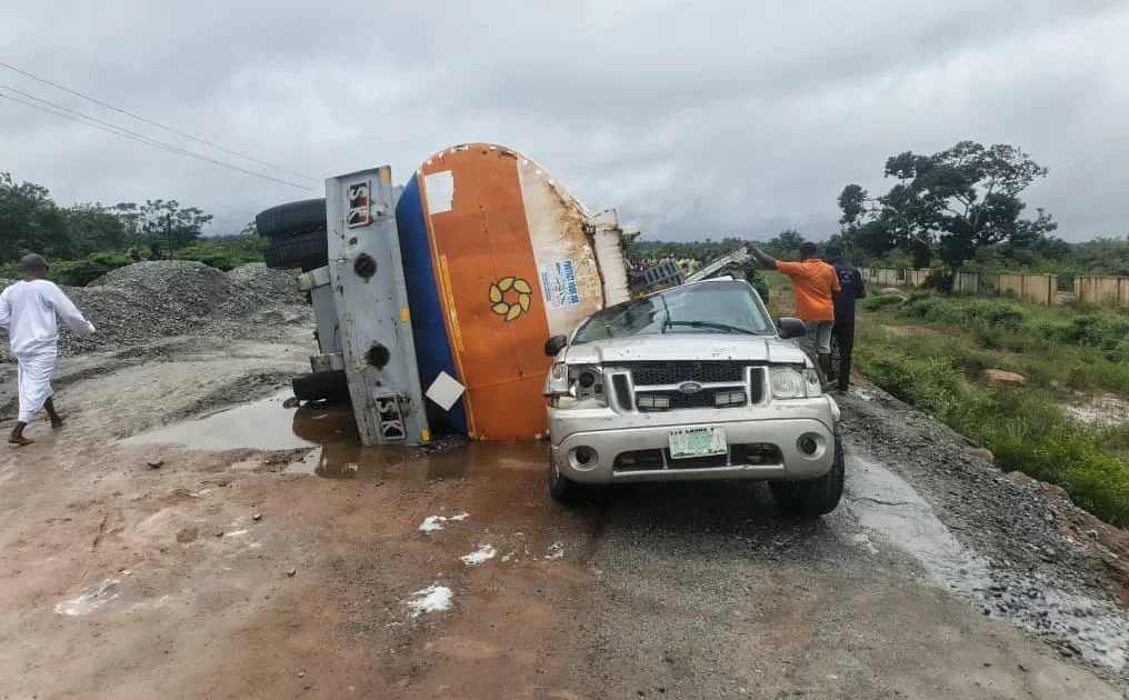 Petrol Tanker Spills Fuel After Overturning in Epe, Lagos
