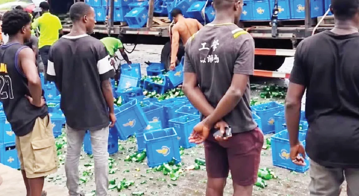 LASTMA Stops People From Drinking Beer After Truck Crash