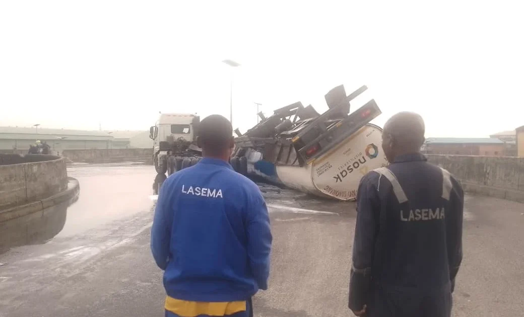 Major accident avoided as ethanol tanker tips over in Lagos